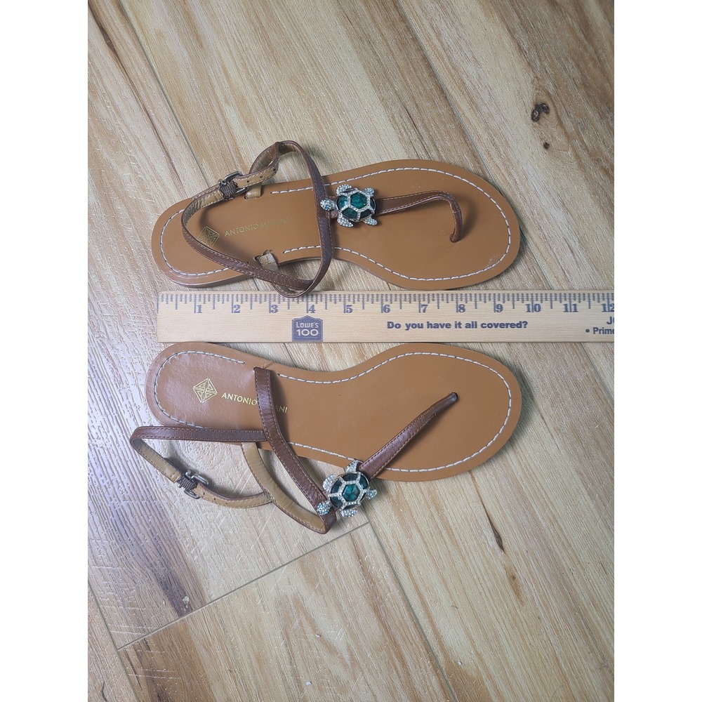 Antonio Melani 7.5 Jeweled Turtle Flat Sandals Coastal Preppy Brown Rhinestone